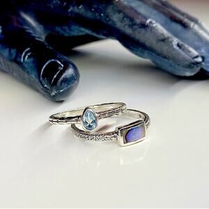 NEW 925 Aquamarine & Abalone Textured Ring Set